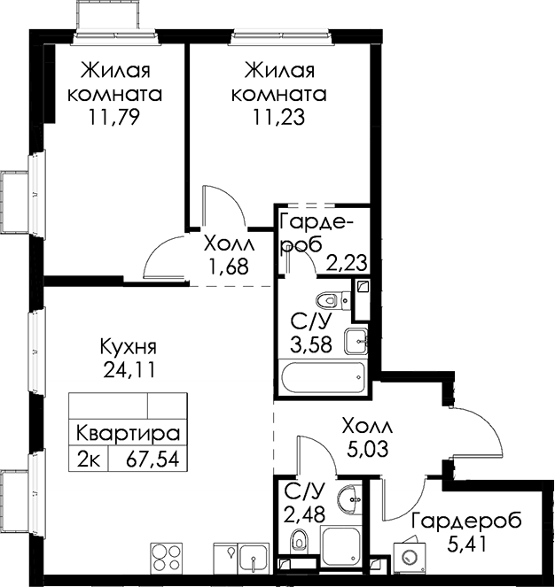 2-комнатная квартира 67.54 м², 8/15 эт., ЖК «Янинский лес»